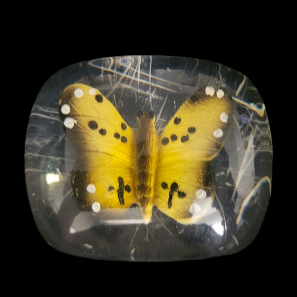 Vintage Resin Paperweight Yellow Butterfly Encased Lucite Acrylic Desk Decor - Picture 1 of 6